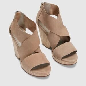 Eileen Fisher Tan Suede Crisscross Wedge Sandals